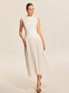 Pleated Midi Dress with Crew Neckline and Invisible Zipper, Sleeveless
