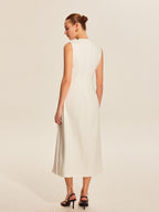 Pleated Midi Dress with Crew Neckline and Invisible Zipper, Sleeveless
