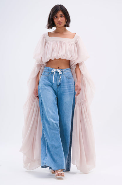 Women's Sheer Square Neck Blouse – Slouchy Long Sleeve High-Low Hem Tops for Women