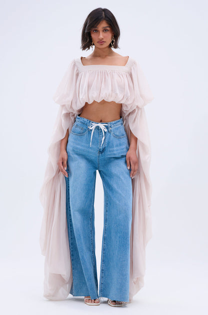 Women's Sheer Square Neck Blouse – Slouchy Long Sleeve High-Low Hem Tops for Women