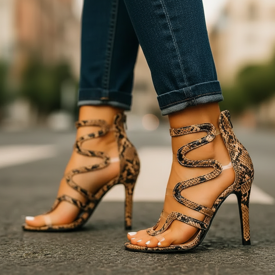 Medusa™ Reptile-Effect Stiletto Heels — Ankle Wrap Statement Heels