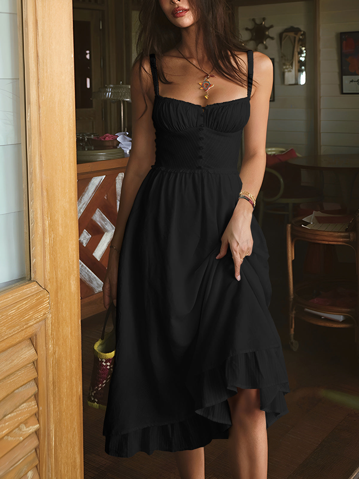 Sleeveless Midi Dress with Low-Cut Neckline and Cotton Blend Fabric