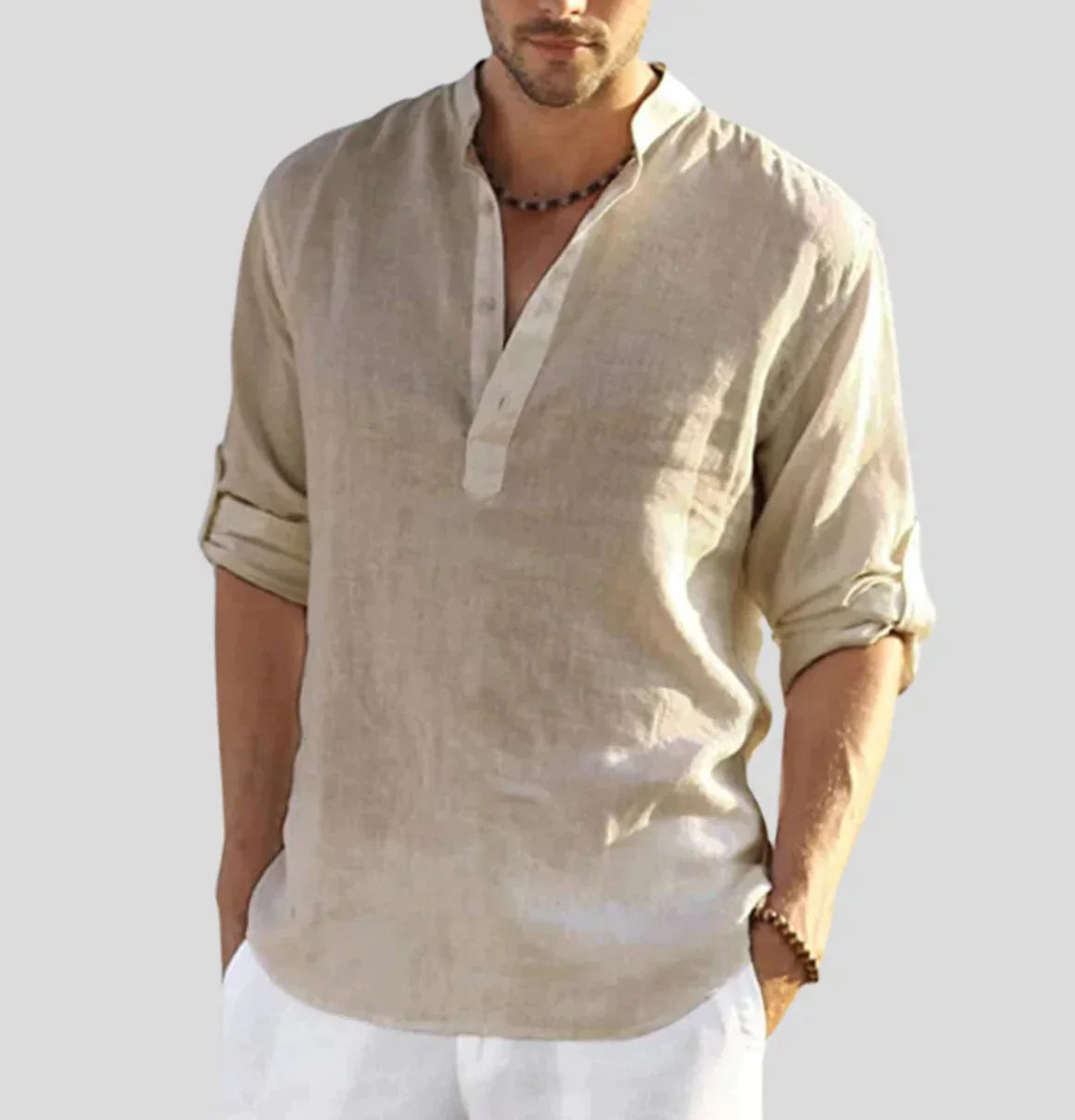 Stylish Men's Shirt | Long-Sleeve Henley with Roll-Up Sleeves | Versatile Comfort for Any Occasion