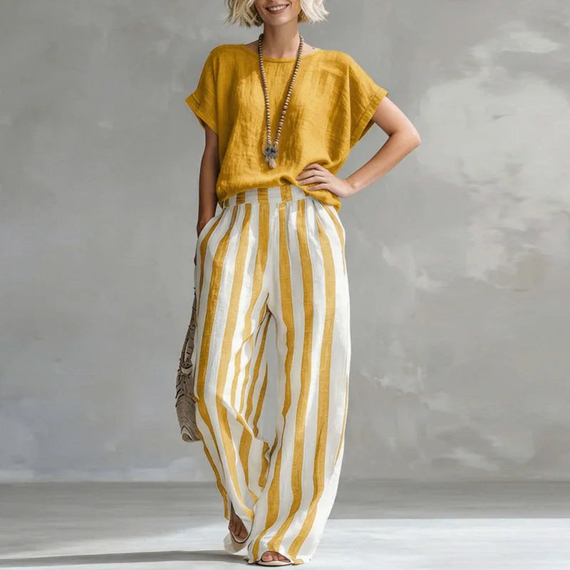 Vanessa Collection | Women's Loungewear Two Piece Set with Striped Design | Breathable Cotton-Linen Blend for Relaxed Comfort