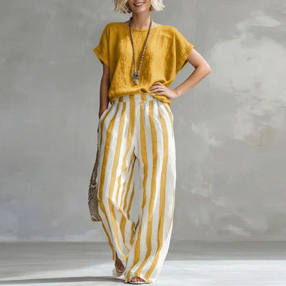Vanessa Collection | Women's Loungewear Two Piece Set with Striped Design | Breathable Cotton-Linen Blend for Relaxed Comfort