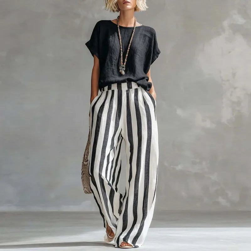 Vanessa Collection | Women's Loungewear Two Piece Set with Striped Design | Breathable Cotton-Linen Blend for Relaxed Comfort