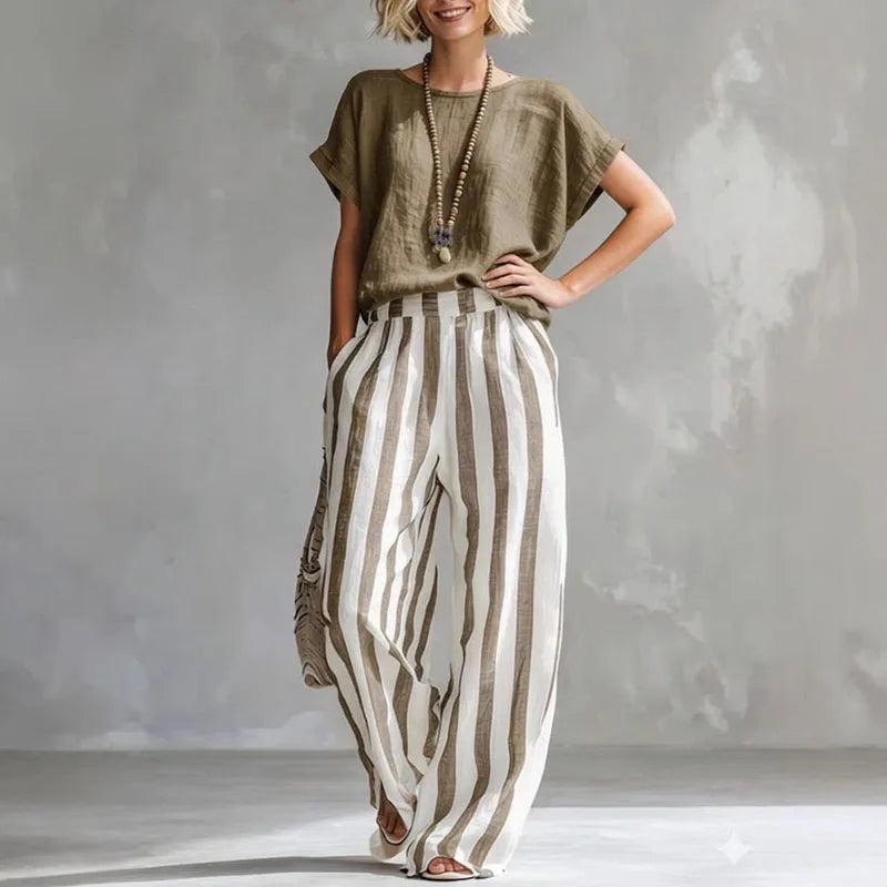 Vanessa Collection | Women's Loungewear Two Piece Set with Striped Design | Breathable Cotton-Linen Blend for Relaxed Comfort