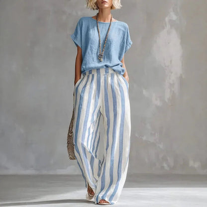 Vanessa Collection | Women's Loungewear Two Piece Set with Striped Design | Breathable Cotton-Linen Blend for Relaxed Comfort