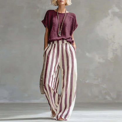 Vanessa Collection | Women's Loungewear Two Piece Set with Striped Design | Breathable Cotton-Linen Blend for Relaxed Comfort