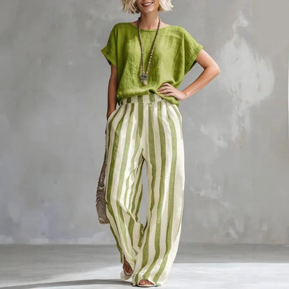 Vanessa Collection | Women's Loungewear Two Piece Set with Striped Design | Breathable Cotton-Linen Blend for Relaxed Comfort