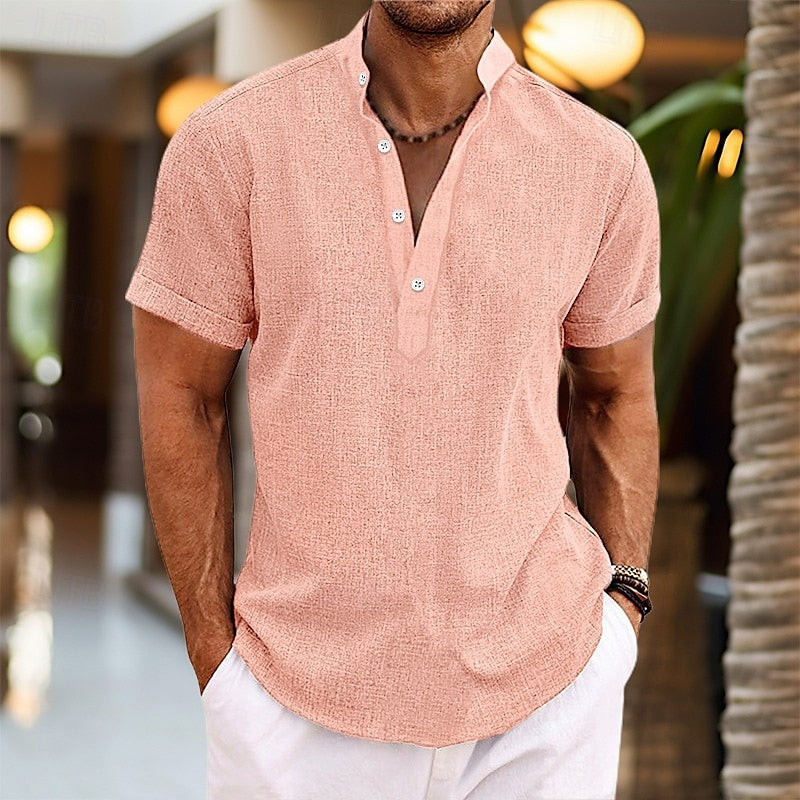 Versatile Men's Shirt | Short Sleeve Button-Down with Mandarin Collar | Stylish Casual Wear for Warm Weather