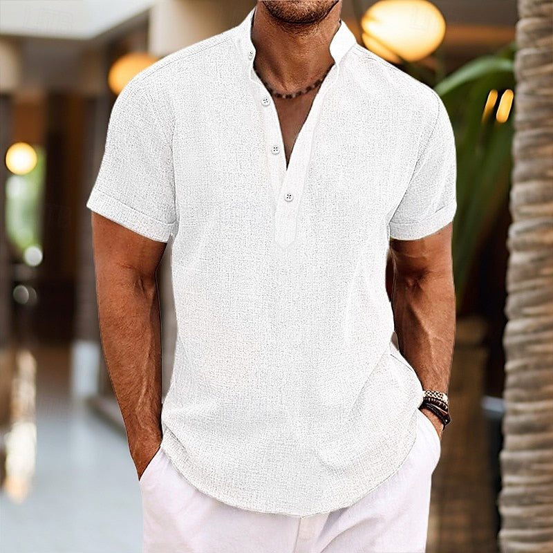 Versatile Men's Shirt | Short Sleeve Button-Down with Mandarin Collar | Stylish Casual Wear for Warm Weather