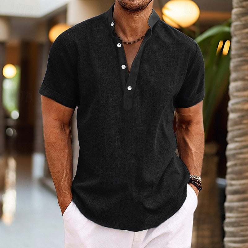 Versatile Men's Shirt | Short Sleeve Button-Down with Mandarin Collar | Stylish Casual Wear for Warm Weather