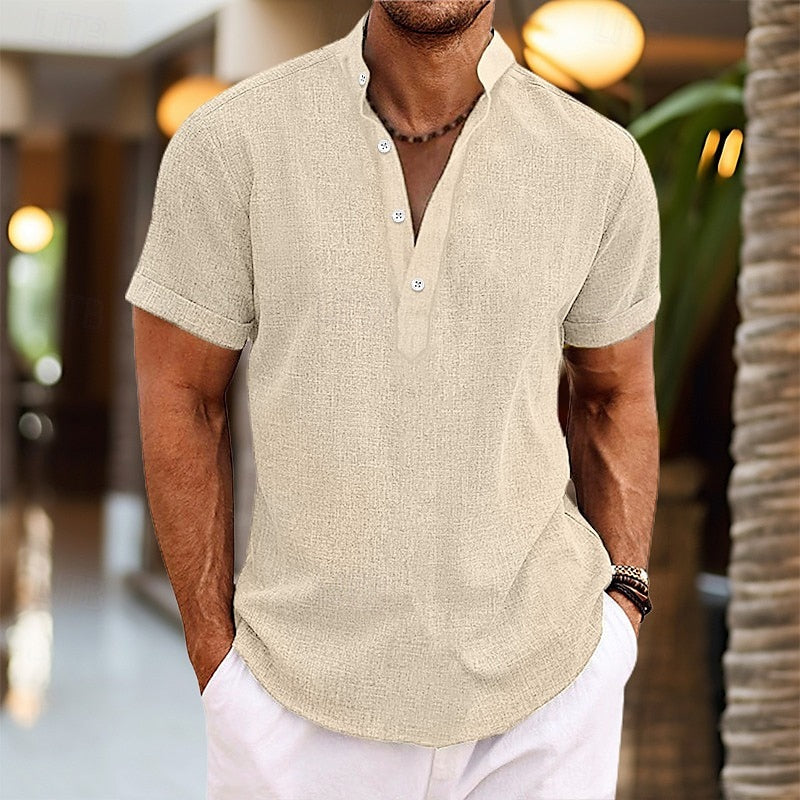 Versatile Men's Shirt | Short Sleeve Button-Down with Mandarin Collar | Stylish Casual Wear for Warm Weather