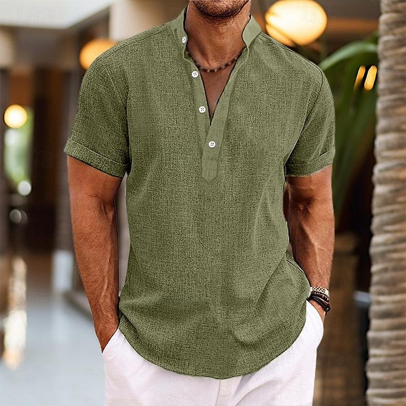 Versatile Men's Shirt | Short Sleeve Button-Down with Mandarin Collar | Stylish Casual Wear for Warm Weather