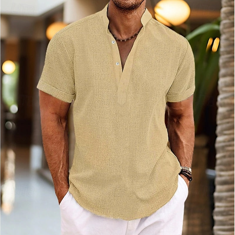 Versatile Men's Shirt | Short Sleeve Button-Down with Mandarin Collar | Stylish Casual Wear for Warm Weather