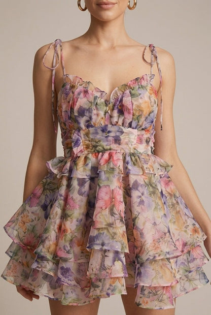 Vibrant Floral Print Mini Dress with Tiered Ruffled Skirt for Effortless Summer Style