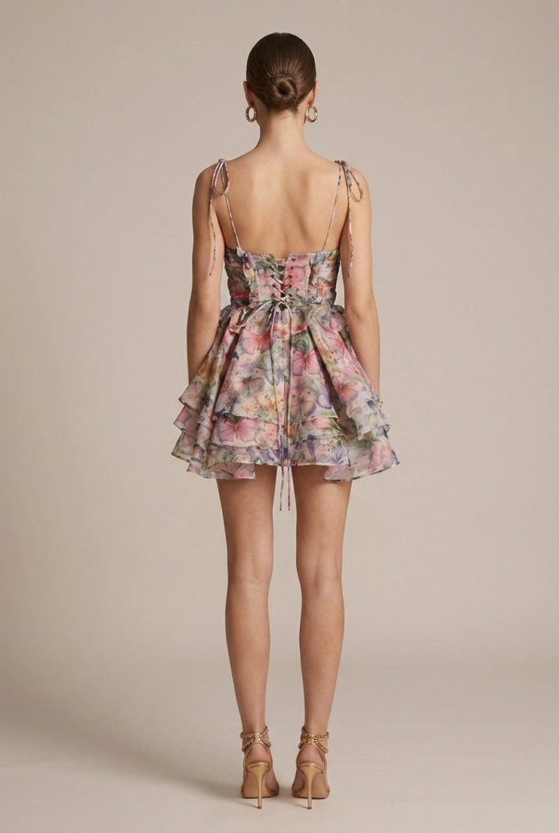 Vibrant Floral Print Mini Dress with Tiered Ruffled Skirt for Effortless Summer Style