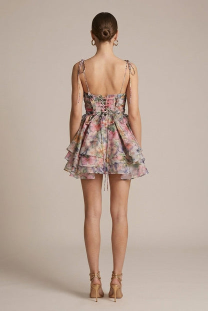 Vibrant Floral Print Mini Dress with Tiered Ruffled Skirt for Effortless Summer Style
