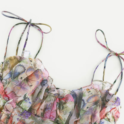Vibrant Floral Print Mini Dress with Tiered Ruffled Skirt for Effortless Summer Style