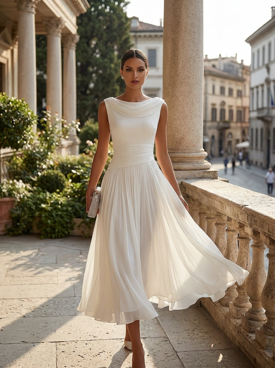 White Draped-Neck Midi Dress — Pleated Skirt
