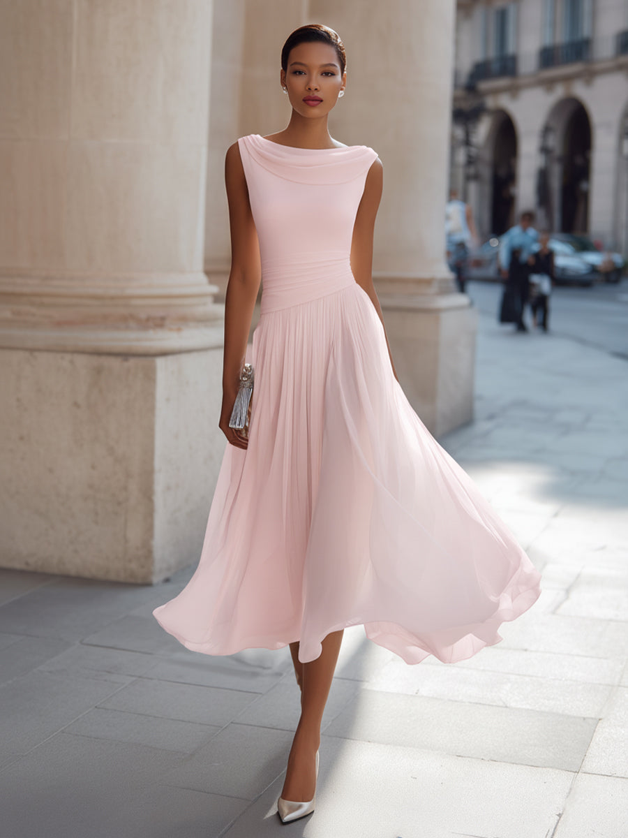 White Draped-Neck Midi Dress — Pleated Skirt