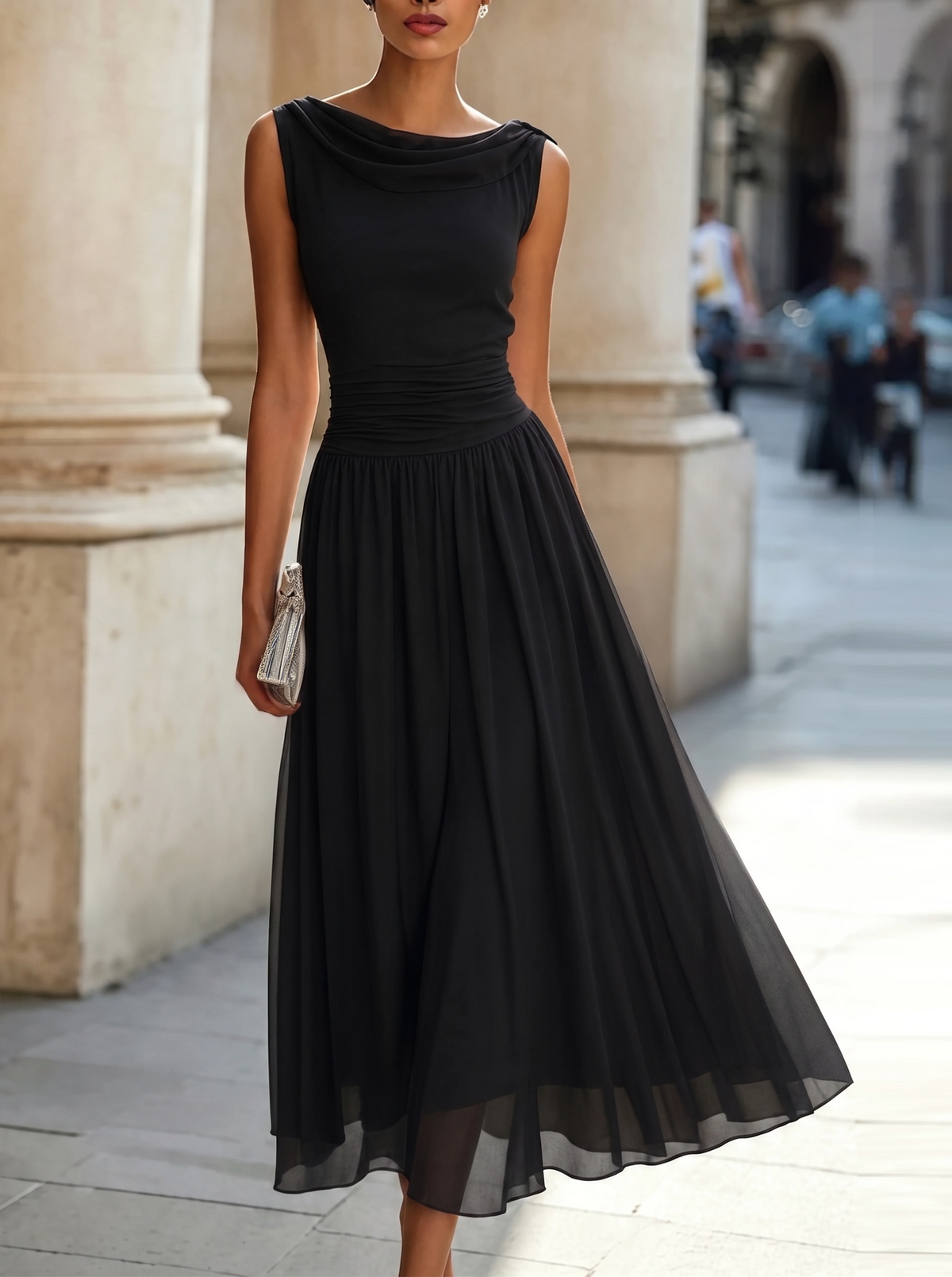 White Draped-Neck Midi Dress — Pleated Skirt
