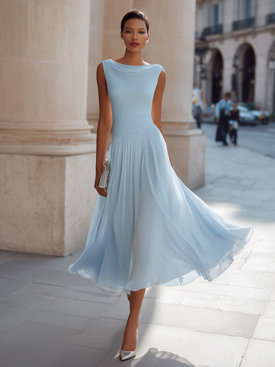 White Draped-Neck Midi Dress — Pleated Skirt