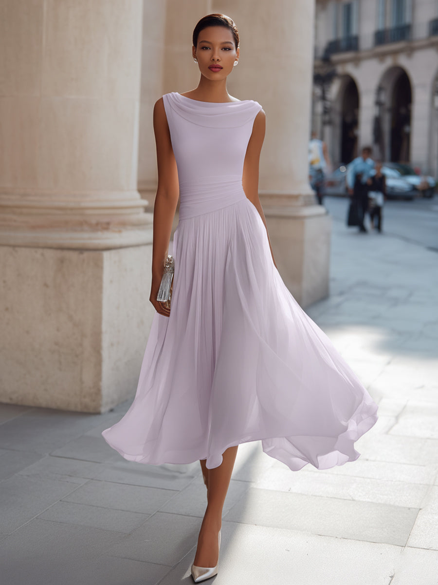 White Draped-Neck Midi Dress — Pleated Skirt