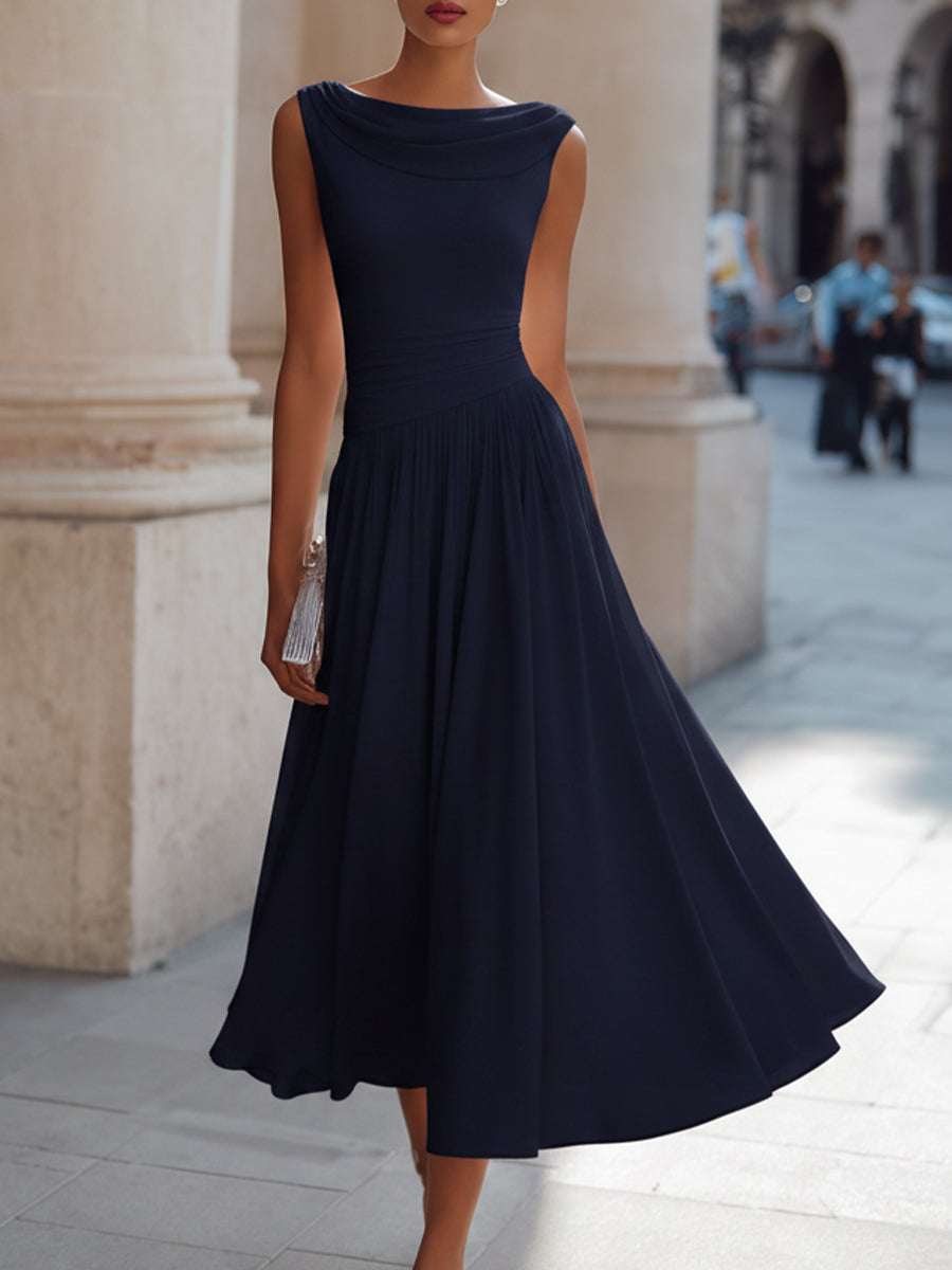 White Draped-Neck Midi Dress — Pleated Skirt