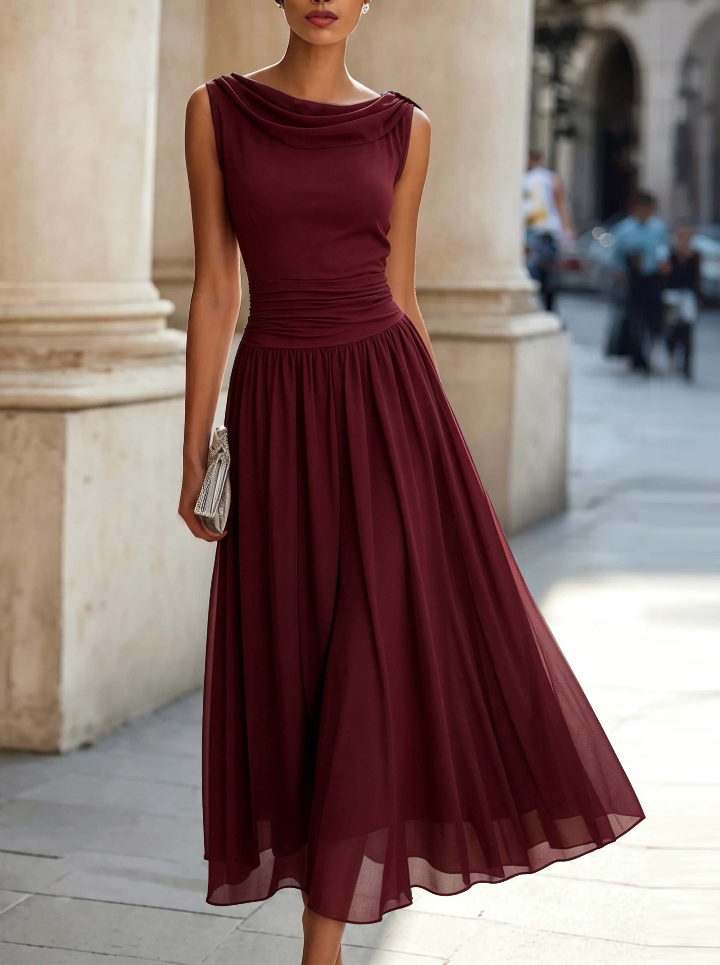 White Draped-Neck Midi Dress — Pleated Skirt