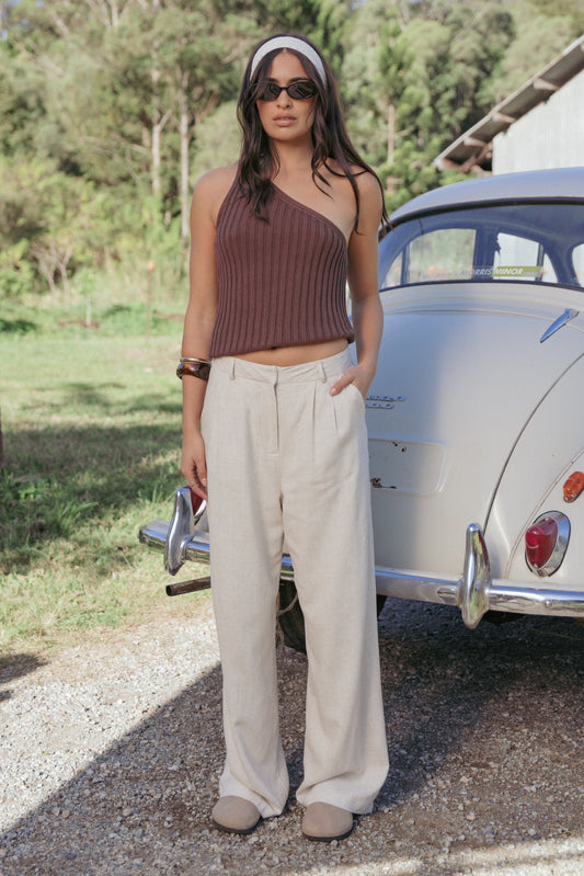 Women's High Rise Linen Pants – Pleated Beige Wide Leg Trousers for Work, Casual & Smart Casual Wear