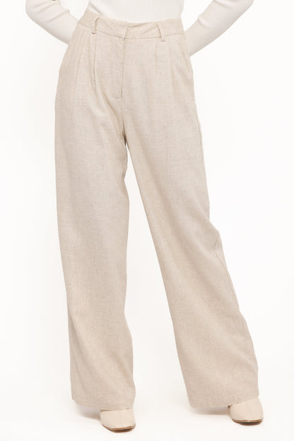 Women's High Rise Linen Pants – Pleated Beige Wide Leg Trousers for Work, Casual & Smart Casual Wear