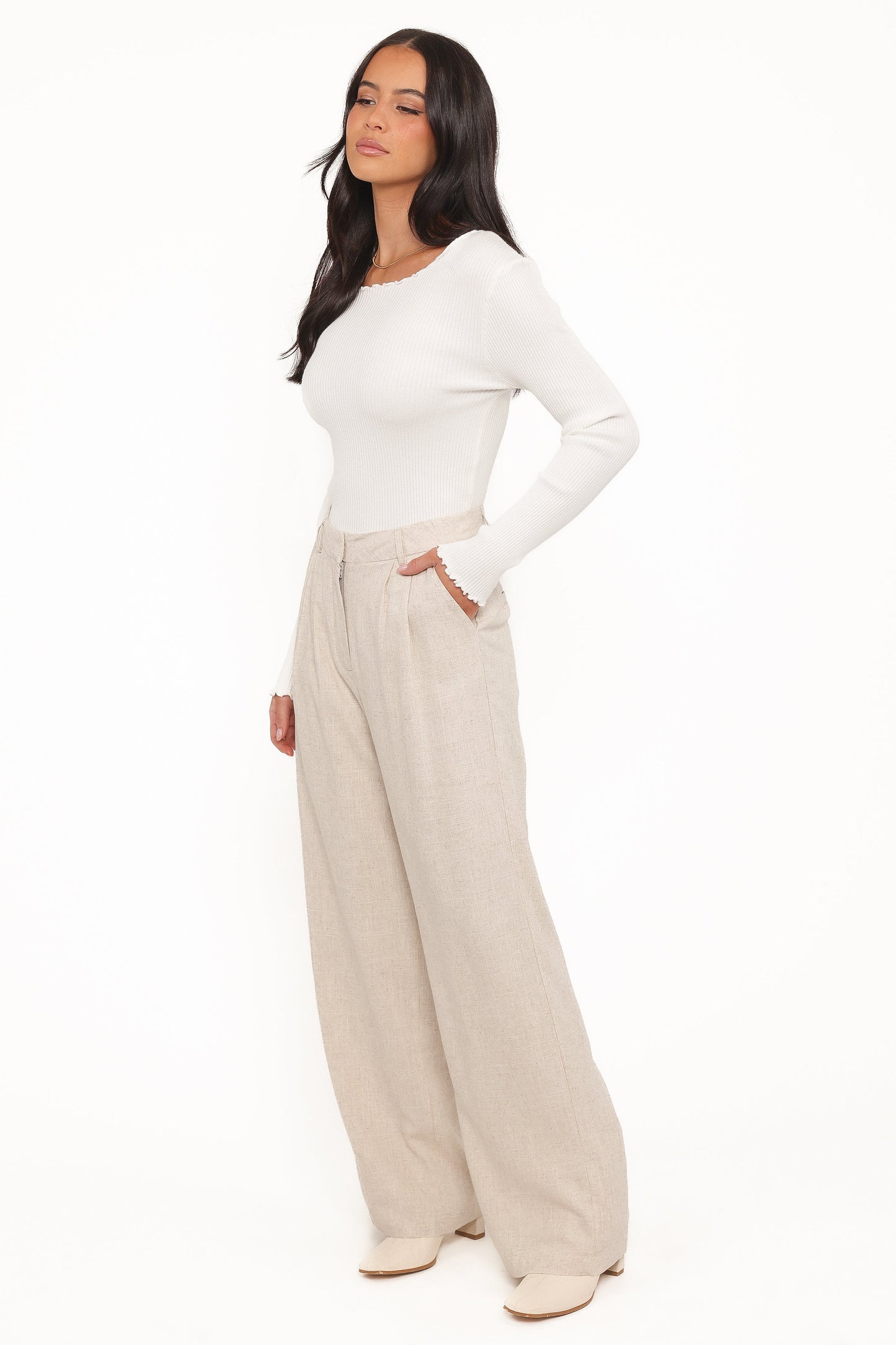 Women's High Rise Linen Pants – Pleated Beige Wide Leg Trousers for Work, Casual & Smart Casual Wear