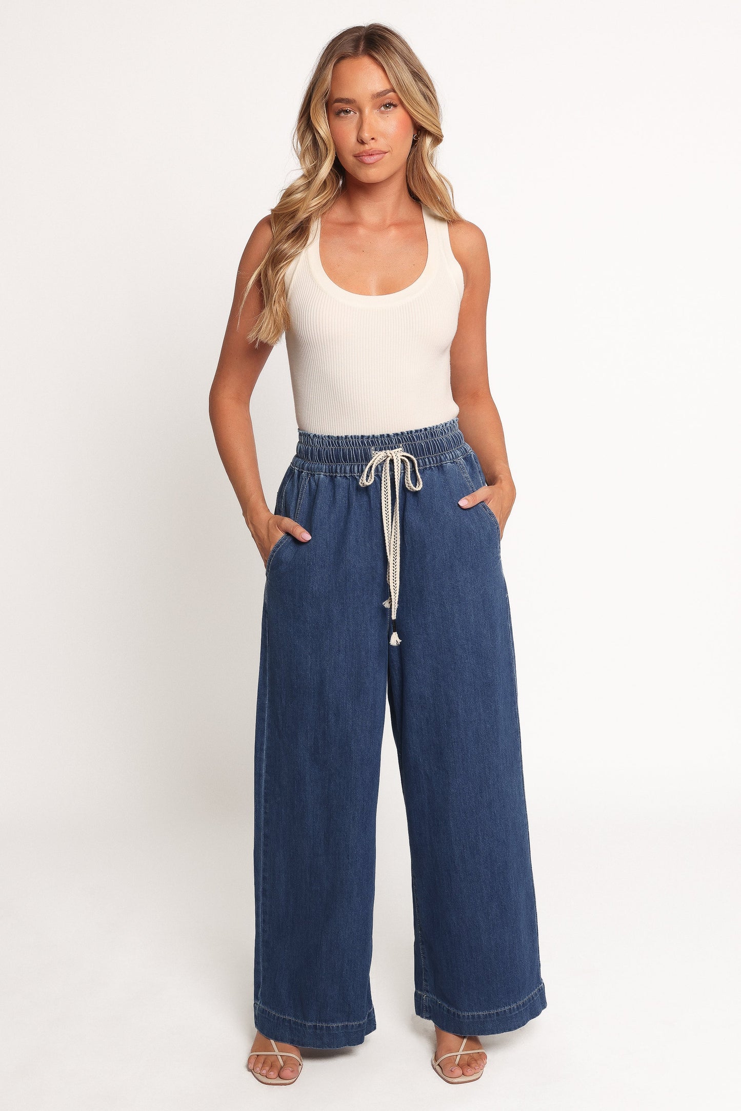 Women's Wide Leg Denim Pants – High Waisted Elastic Waist Cotton Jeans for Casual & Everyday Wear
