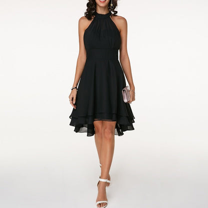 Women's Halter Neck Ruffle Midi Dress – Layered Skirt Evening Party