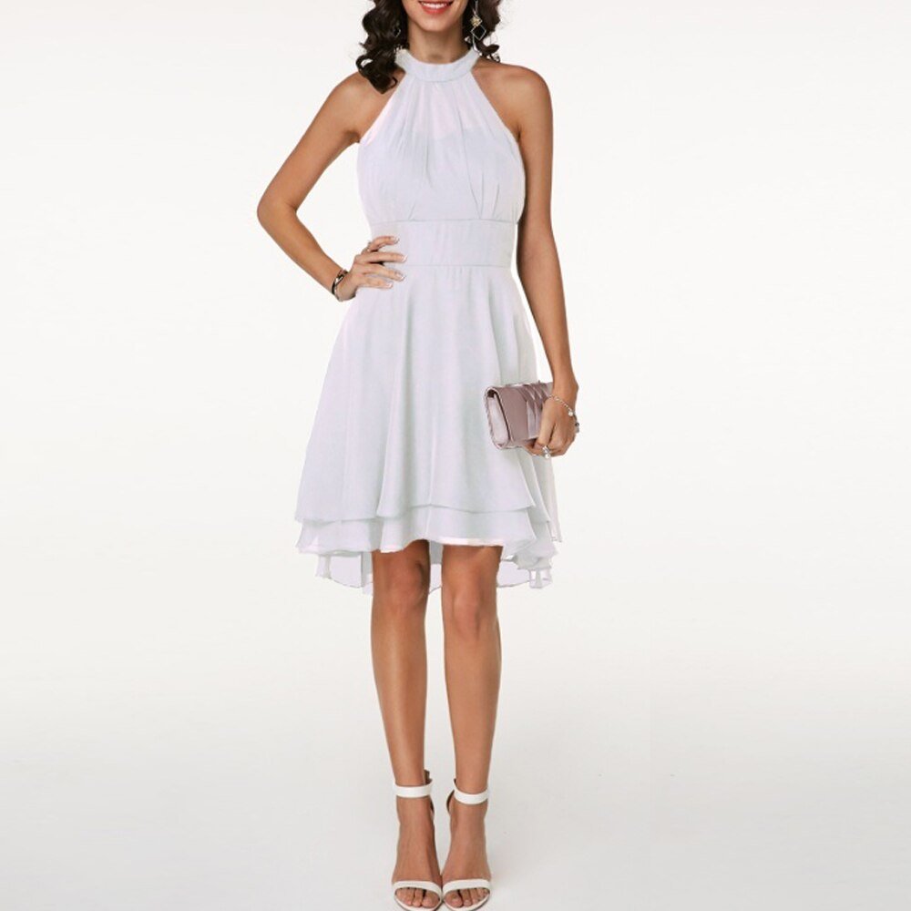 Women's Halter Neck Ruffle Midi Dress – Layered Skirt Evening Party
