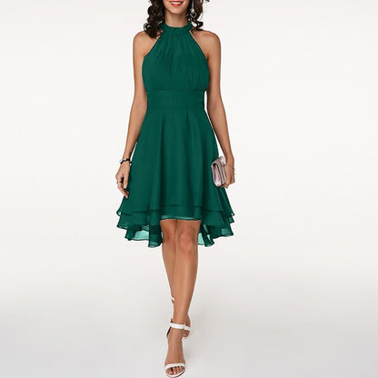 Women's Halter Neck Ruffle Midi Dress – Layered Skirt Evening Party