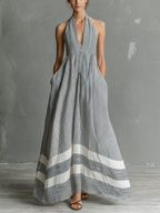 Women's Striped Halter Maxi Dress — Lightweight Relaxed Fit Summer Dress