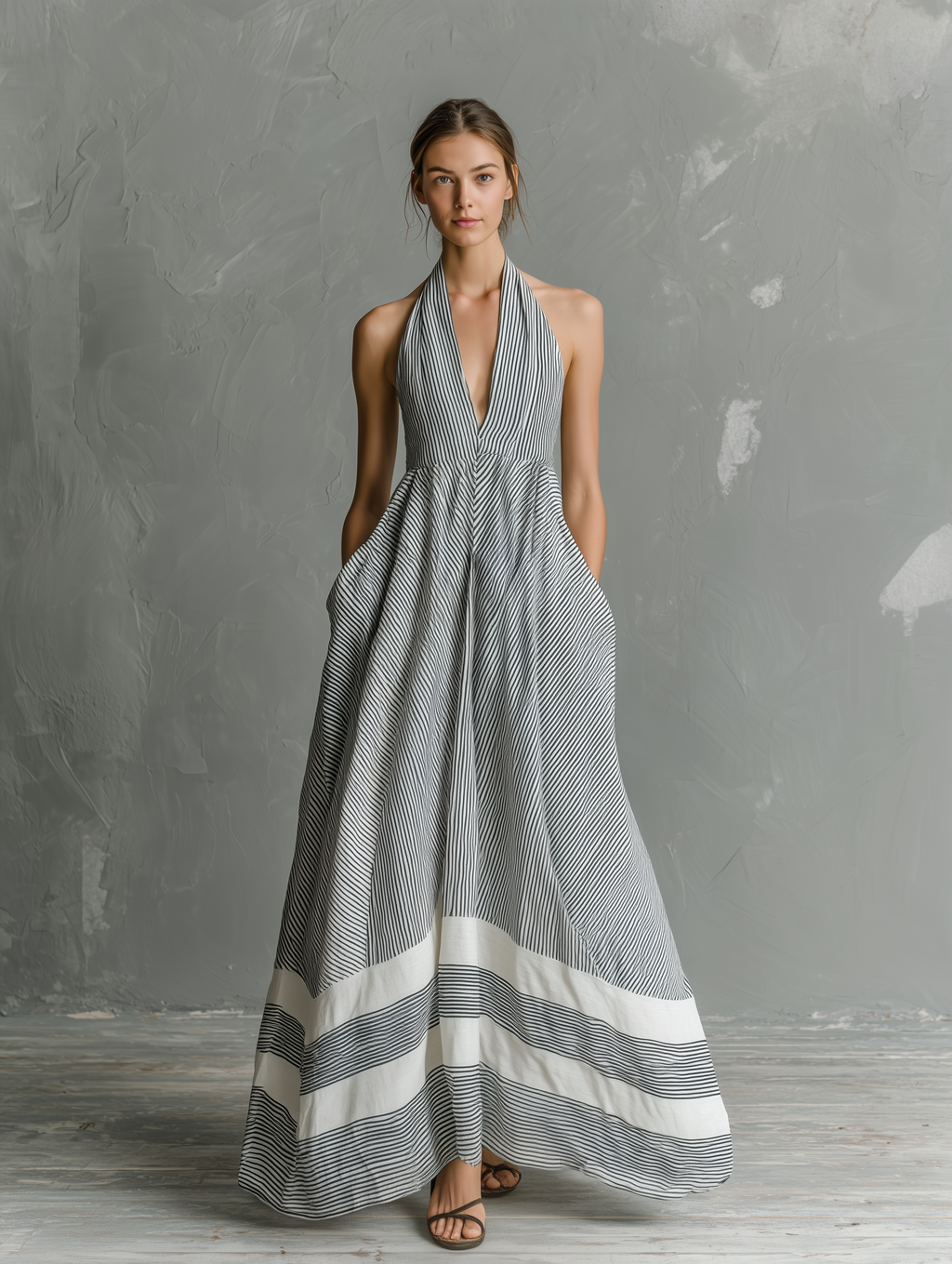 Women's Striped Halter Maxi Dress — Lightweight Relaxed Fit Summer Dress