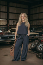 Women's Navy Stripe Wide Leg Pants | High Rise