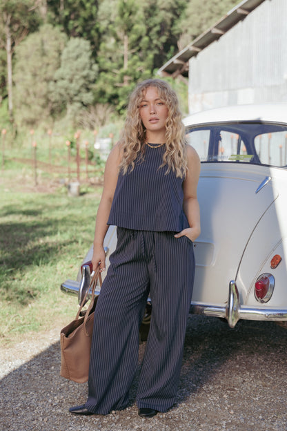 Women's Wide Leg Striped Pants – High Rise Navy Stripe Drawstring Trousers for Casual & Everyday Wear