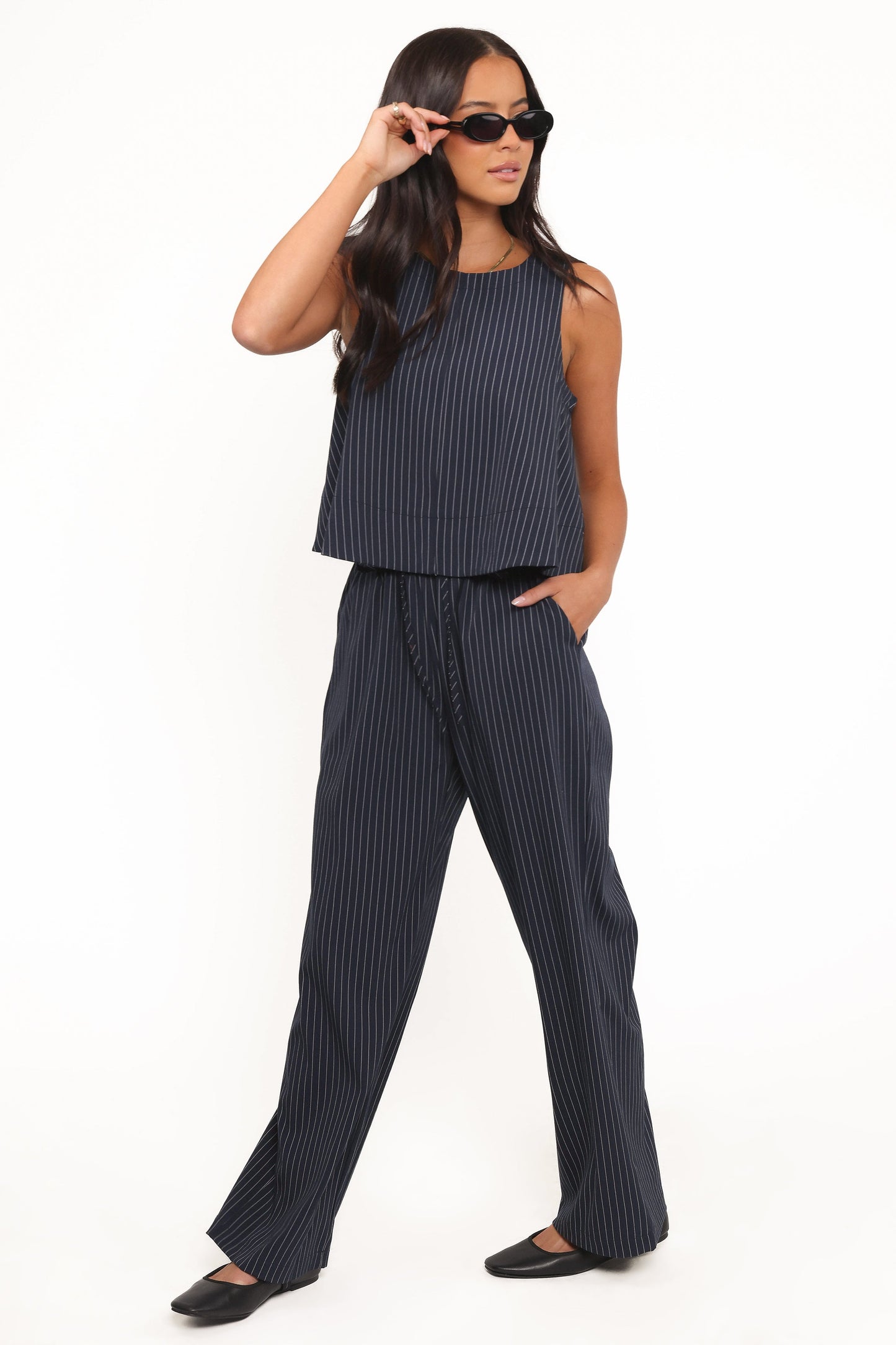 Women's Wide Leg Striped Pants – High Rise Navy Stripe Drawstring Trousers for Casual & Everyday Wear