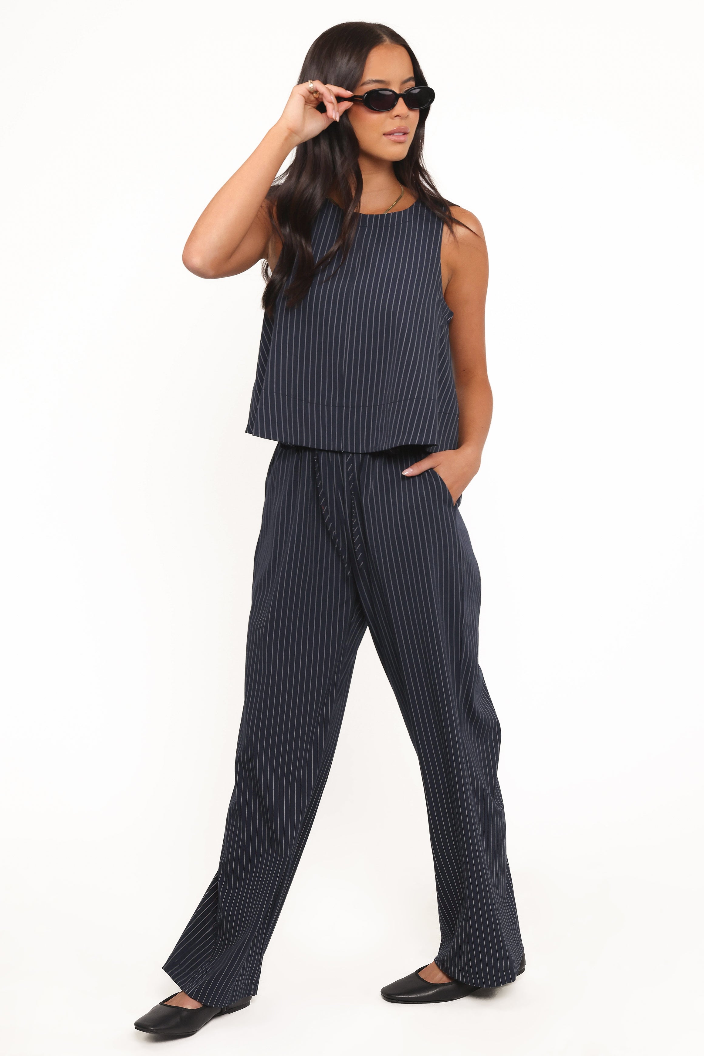 Women's Navy Stripe Wide Leg Pants | High Rise