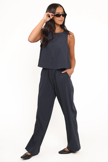 Women's Wide Leg Striped Pants – High Rise Navy Stripe Drawstring Trousers for Casual & Everyday Wear