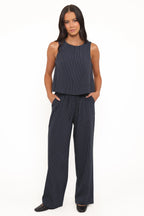 Women's Navy Stripe Wide Leg Pants | High Rise