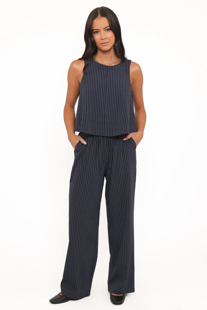 Women's Wide Leg Striped Pants – High Rise Navy Stripe Drawstring Trousers for Casual & Everyday Wear