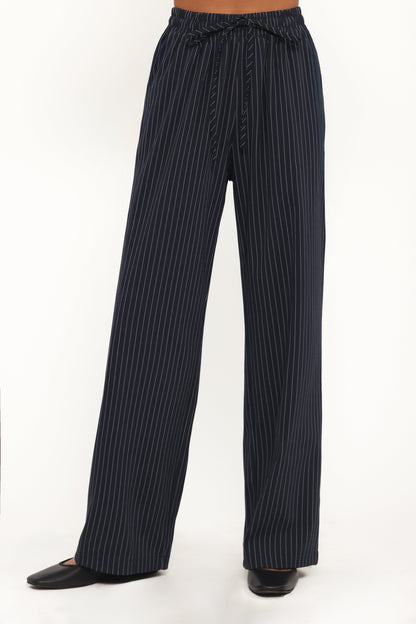 Women's Wide Leg Striped Pants – High Rise Navy Stripe Drawstring Trousers for Casual & Everyday Wear