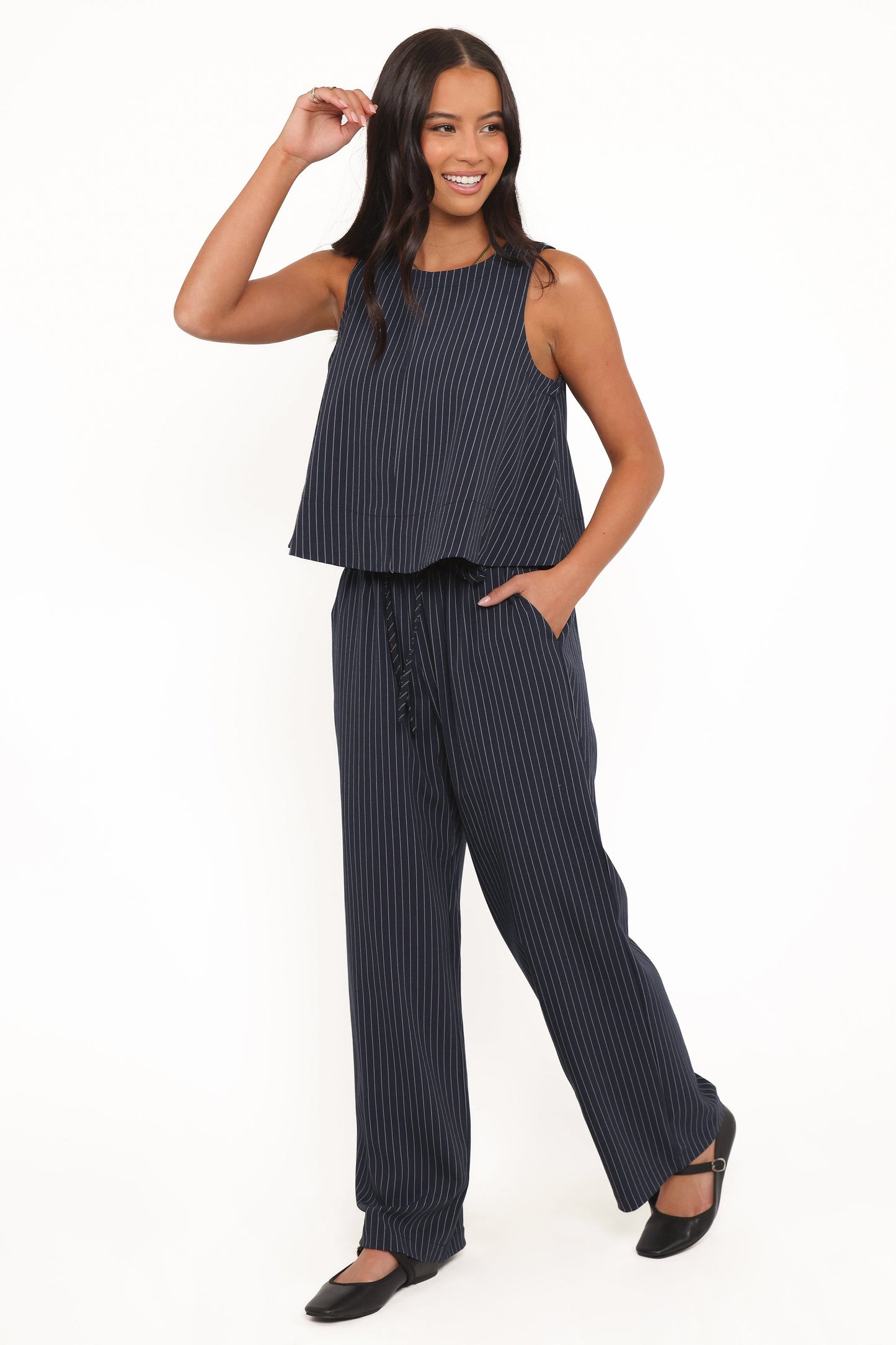 Women's Wide Leg Striped Pants – High Rise Navy Stripe Drawstring Trousers for Casual & Everyday Wear
