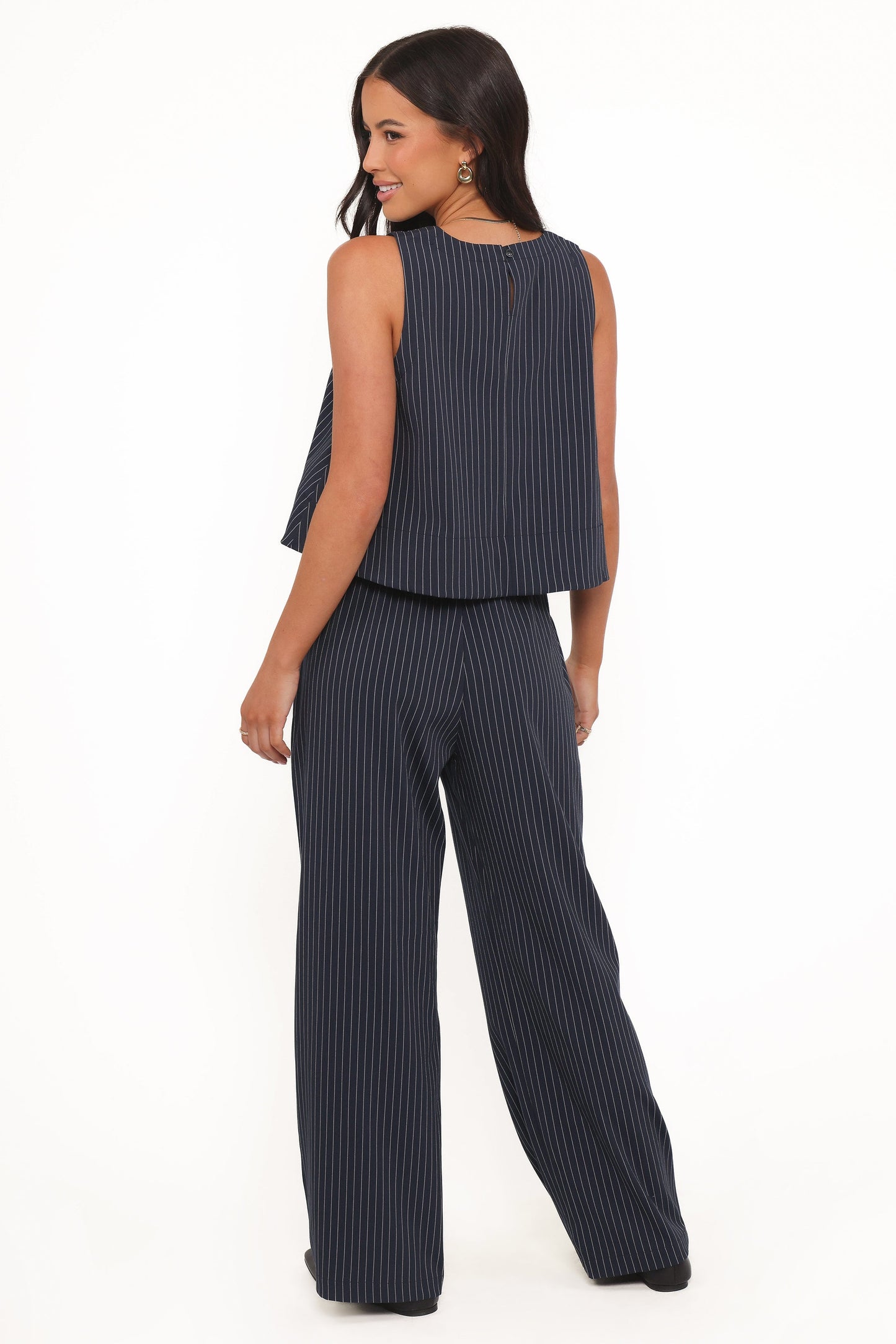 Women's Wide Leg Striped Pants – High Rise Navy Stripe Drawstring Trousers for Casual & Everyday Wear